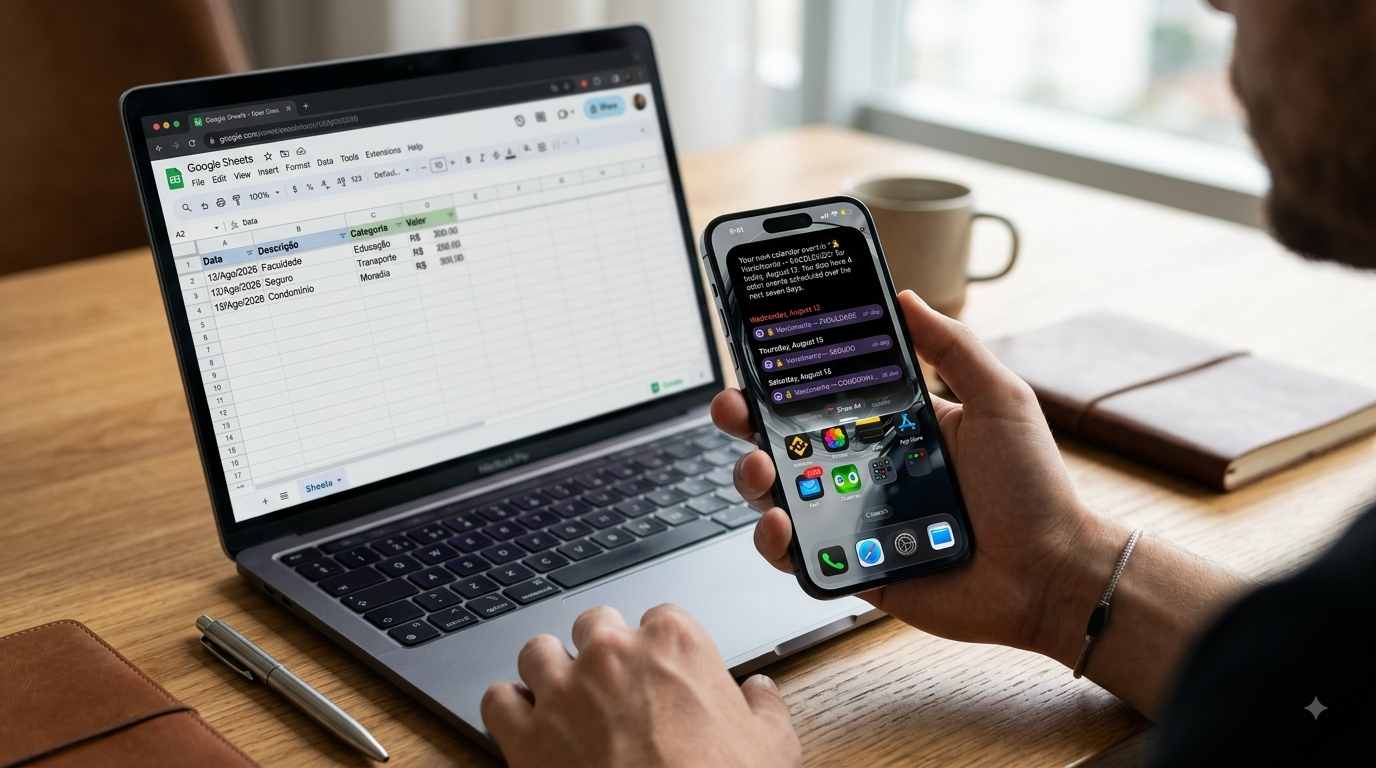 MacBook com planilha de gastos no Google Sheets e iPhone mostrando os mesmos vencimentos no widget do Calendário