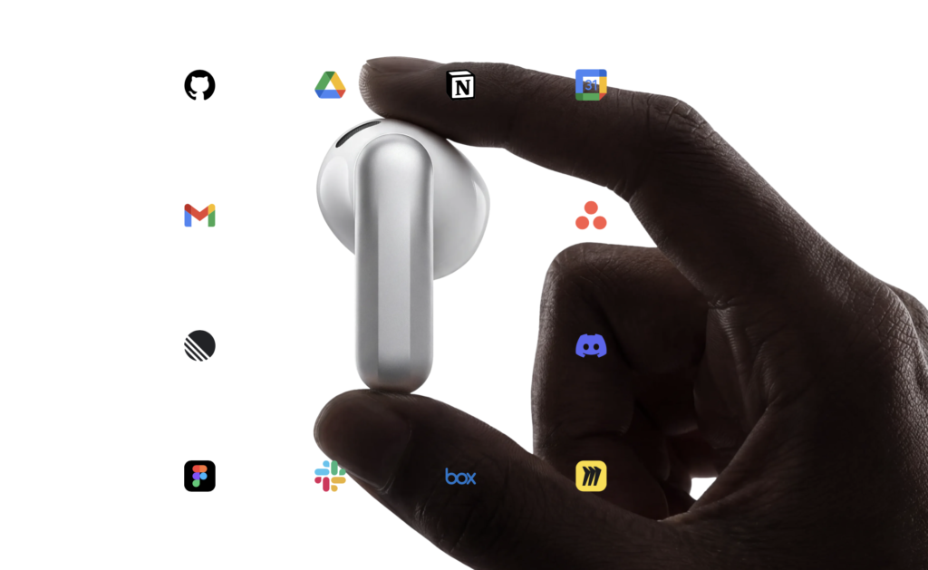 Imagem do fone Plaud One e vários ícones de app que são integrados
